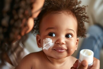 Caucasian mother applying healthy skin care moisturizing cream on cute adorable funny african american baby girl daughter face. Skincare lotion for infant pediatric diathesis treatment, Generative AI 