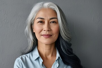 Happy smiling stylish confident 50 years old Asian female professional standing looking at camera at gray background. Portrait of sophisticated grey hair woman advertising products, Generative AI 