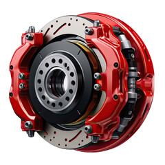 Car brake discs and red calipers on transparent background