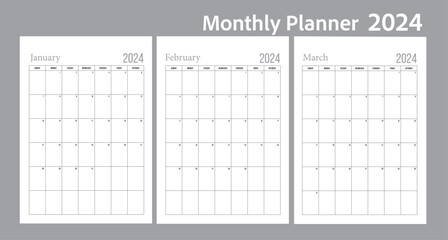 Blank monthly planner, set of 3 month of year 2024 start at Sunday without holiday.