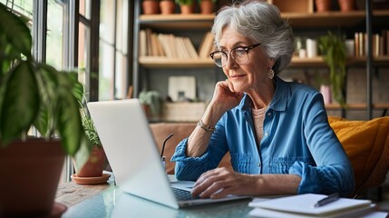 Senior mature older senior adult professional business woman working on laptop from home office, having virtual video call meeting, watching online training webinar e learning class, Generative AI  - obrazy, fototapety, plakaty