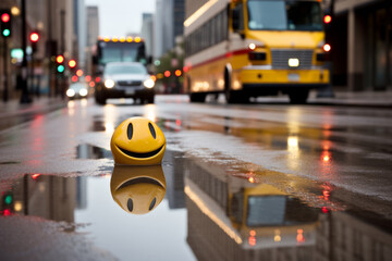 A smiley face ball sits on a wet street, reflecting the surroundings, giving off a feeling of a rainy day.