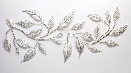 A bird perches on a tree branch, surrounded by silver ornaments and metallic leaves.