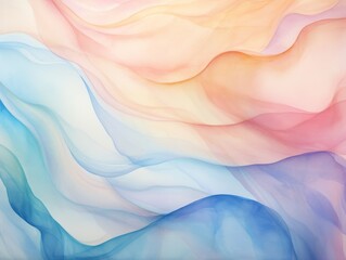 An abstract painting blends soft hues of blue, pink, and yellow, creating a dreamy and ethereal effect.