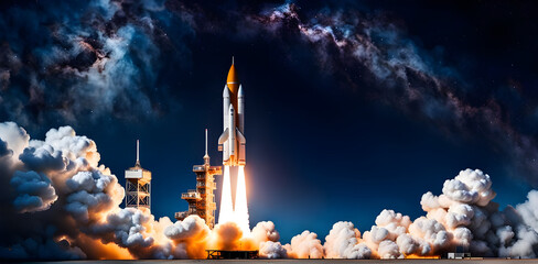 space rocket with blast and smoke successfully takes off into starry. New spaceship lift off, is flying on a space mission - obrazy, fototapety, plakaty