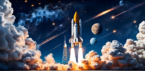 space rocket with blast and smoke successfully takes off into starry. New spaceship lift off, is flying on a space mission - obrazy, fototapety, plakaty