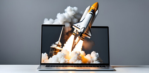 Rocket coming out of laptop screen, innovation and creativity concept.