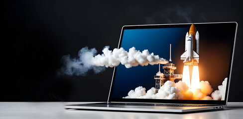 Rocket coming out of laptop screen, innovation and creativity concept.
