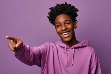 Happy African American teen guy pointing at dental white teeth advertising whitening. Smiling student showing healthy teeth perfect natural orthodontic smile standing isolated, Generative AI 