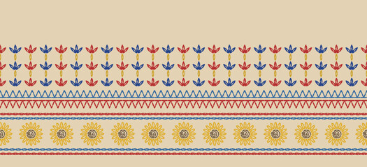 Beautiful Embroidery Ethnic vintage pattern on fabric, embellishing the neckline, decorat the skirt, boho Ethnic embroidery. The sweet, beautiful botanica embroidery. ฺฺBeautiful Ethnic fabric carpet.