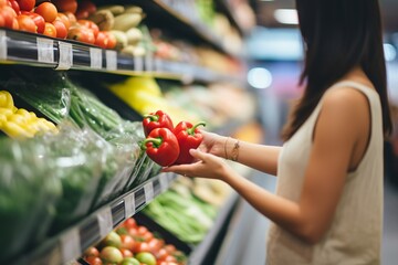 Obraz premium A woman is picking red bell peppers at a grocery store,