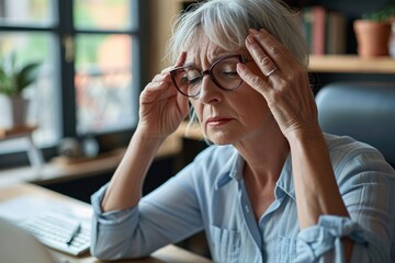 Overworked tired older lady holding glasses feeling headache, having eyesight problem after computer work. Stressed mature senior business woman suffering from fatigue rubbing dry eyes, Generative AI 