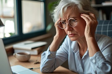 Overworked tired older lady holding glasses feeling headache, having eyesight problem after computer work. Stressed mature senior business woman suffering from fatigue rubbing dry eyes, Generative AI  - obrazy, fototapety, plakaty