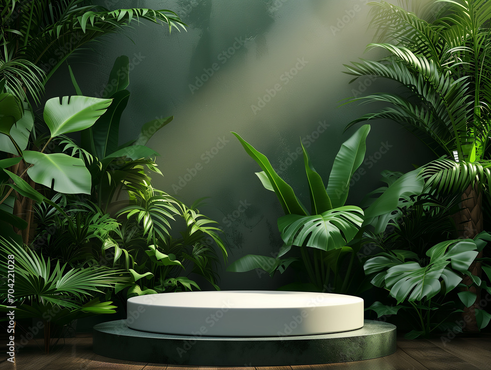 Poster 3d illustration of empty cylinder podium backdrop in green color theme with various type of leaves a