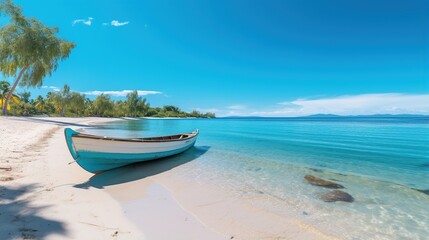 Fototapeta na wymiar A wooden boat sits on a sandy beach with the ocean in the background,