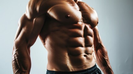 Fototapeta na wymiar Toned stomach muscles of a male athlete in peak physical condition.