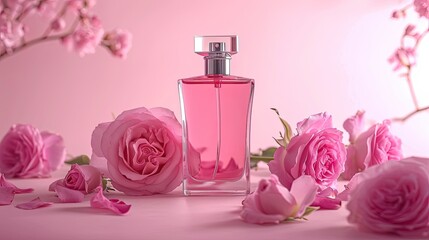 Bottle of female perfume with pink roses on pink color background 