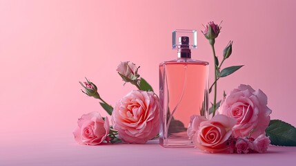 Bottle of female perfume with pink roses on pink color background 