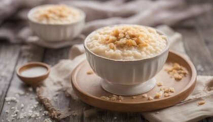 Rice pudding with coconut and caramel on wooden background, selective focus