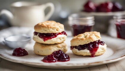 Scones with berry jam on a plate, selective focus