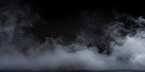 Fototapeta premium Enigmatic smoke elegance. Captivating composition of abstract black background with wisps of textured motion white light and ethereal mist creating dreamy and mysterious atmosphere