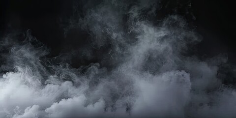 Enigmatic smoke elegance. Captivating composition of abstract black background with wisps of textured motion white light and ethereal mist creating dreamy and mysterious atmosphere