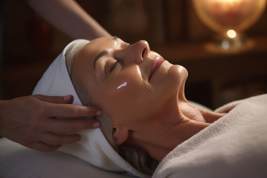 lifting skin and smothies wrinkles old lady. remove signs for fatigue. a shaping anti-aging massage. close up side view photo.