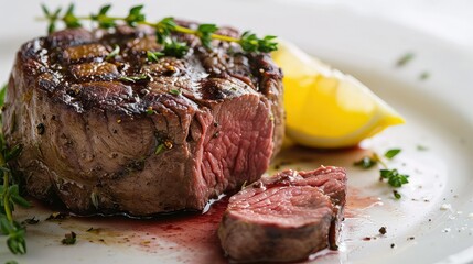 Grilled beef tenderloin steak with butter and thyme. Filet Mignon recipe with vegetables.