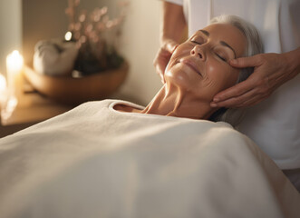 Attractive grey-haired senior enjoying facial massage at spa, pamper yourself. copy space. - obrazy, fototapety, plakaty