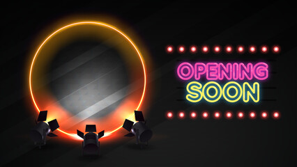 Naklejka premium Futuristic Coming Soon Banner with Circular Brilliance and Modern Typography 