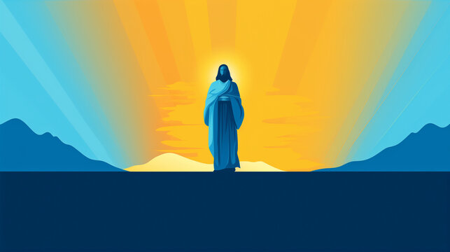 Silhouette of Jesus Christ in yellow and blue tones. 2d flat image of a leader of christianity. 