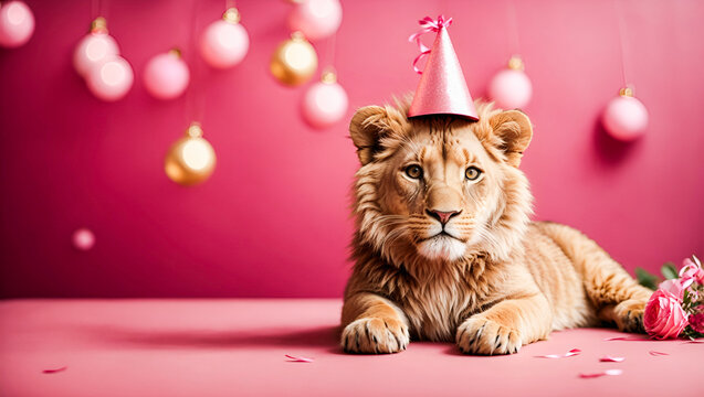 Cute lion wearing party hat on pink background with copy space. Ai Generative