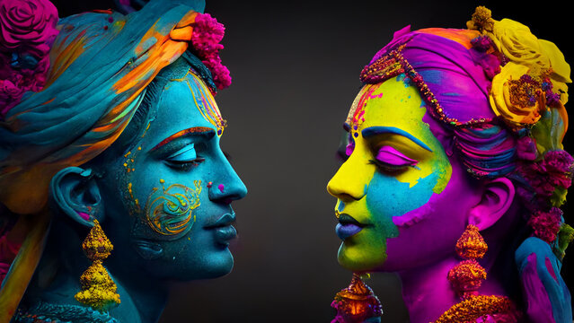 Krishna and Radha during holi. Indian gods