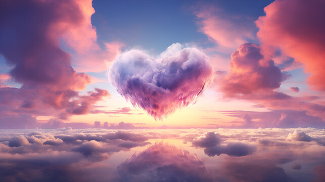 Heart made of clouds in the sky, with pastel colors, love concept,beautiful colorful valentine day heart in the clouds as abstract background, generative ai
