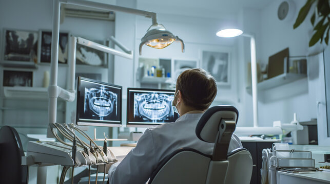 Dentist inspecting a full mouth xray scan in the office.