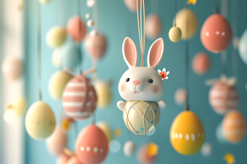 Easter holiday with cute bunny rabbit hanging easter egg on background.