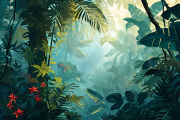 Fototapeta na wymiar Jungle tropical landscape background. Green leaves in forest.
