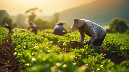Workers harvesting tea plants in the evening. Organic farming concept. - obrazy, fototapety, plakaty