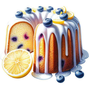 Lemon Blueberry Bundt Cake, A hyper-realistic watercolor painting of a slice of Lemon Blueberry Bundt Cake, PNG Clipart Transparent Background