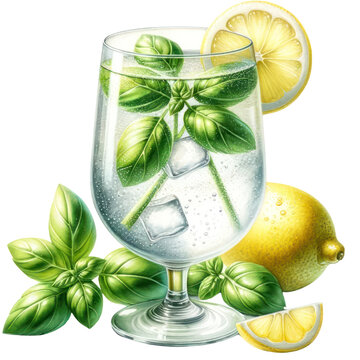 Lemon Basil Spritzer, Hyper realistic Watercolor painting of a glass of Lemon Basil Spritzer