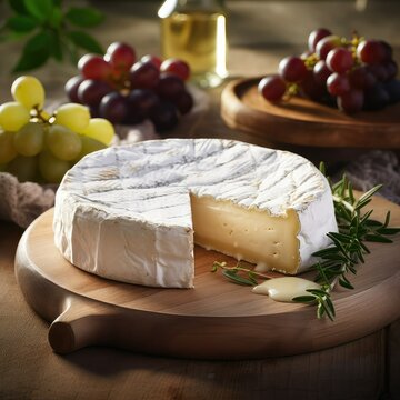 Fresh Brie cheese and a slice on a wooden board with nuts, honey and leaves. Italian, French cheese.