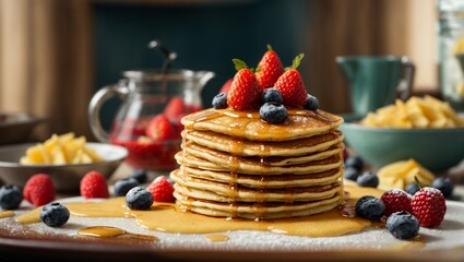 Scrumptious Stack of Pancakes Adorned With Fresh Berries and Maple Syrup on a Homely 