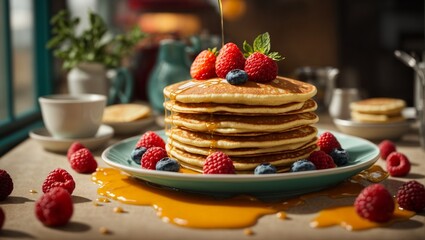 Scrumptious Stack of Pancakes Adorned With Fresh Berries and Maple Syrup on a Homely 