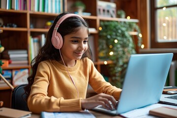 Happy indian latin preteen girl school pupil wearing headphones distance learning online at virtual class with teacher tutor on laptop by video conference call, watching tv lesson, Generative AI 