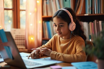 Happy indian latin preteen girl school pupil wearing headphones distance learning online at virtual class with teacher tutor on laptop by video conference call, watching tv lesson, Generative AI  - obrazy, fototapety, plakaty