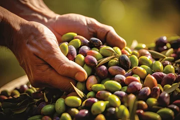 Fototapeten Close-up of mans hands taking olives to show the harvest © Aleksandr Bryliaev