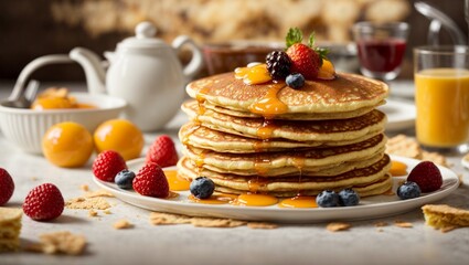 Scrumptious Stack of Pancakes Adorned With Fresh Berries and Maple Syrup on a Homely 