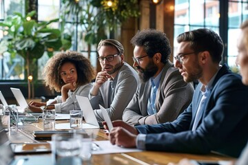 Diverse executive businesspeople discuss corporation financial plan at boardroom meeting table. Multiracial team negotiate project developing business, Generative AI 