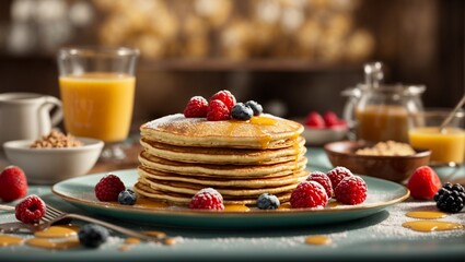 Scrumptious Stack of Pancakes Adorned With Fresh Berries and Maple Syrup on a Homely 