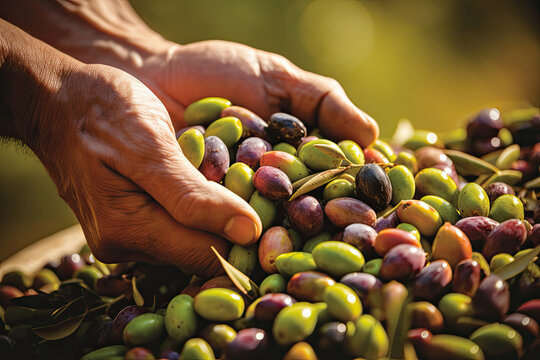 Close-up of mans hands taking olives to show the harvest